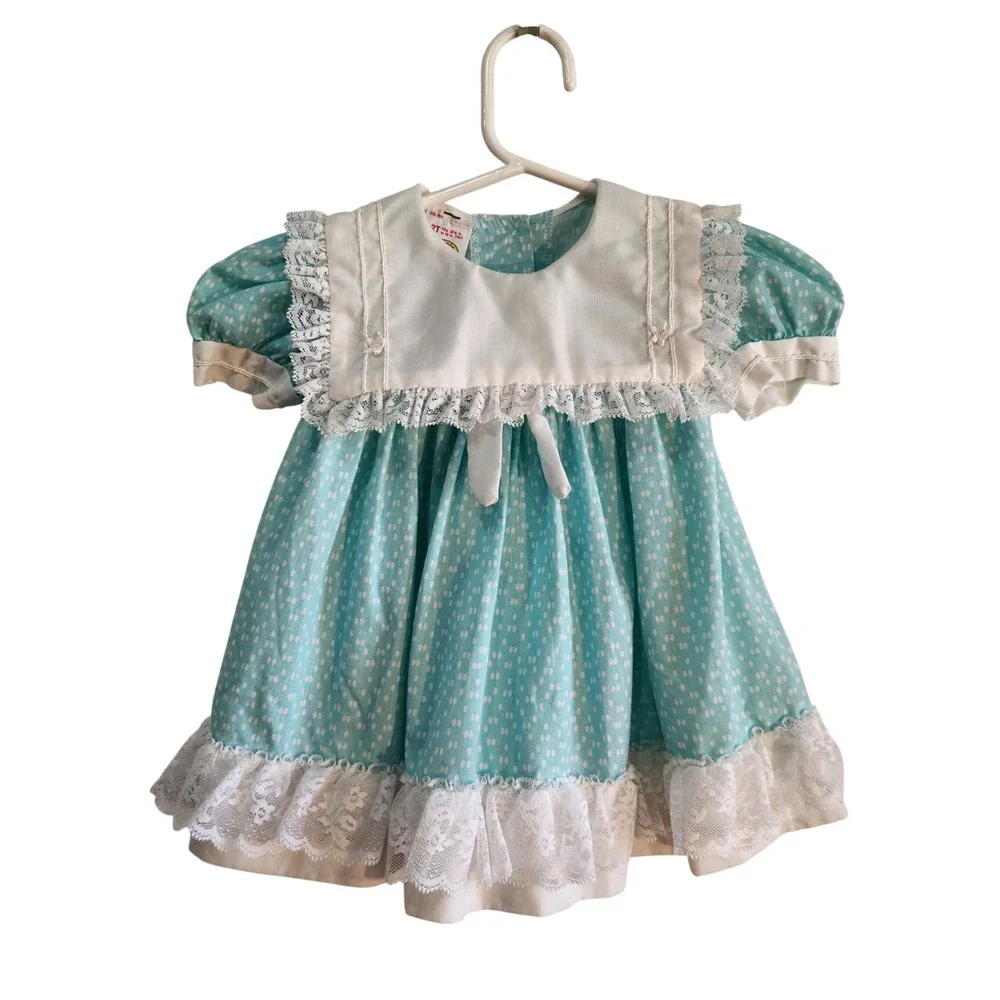 Vintage Winnie The Pooh Girls Dress 2T Light Blue Polka Dot Lace Trim USA‎ Made